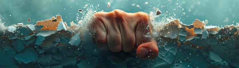 Fototapeta premium A powerful fist breaking through a wall, symbolizing strength, determination, and overcoming obstacles in a dramatic and vivid visual.