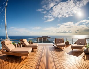 Fototapeta premium View from the deck of a luxury cruise ship with chaise lounges