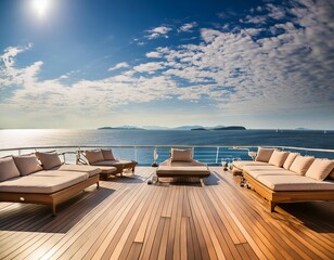 Fototapeta premium View from the deck of a luxury cruise ship with chaise lounges