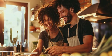 A couple cooking dinner together, laughing and enjoying the process, capturing the joy and connection of their kitchen lifestyle
