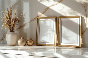 Elegant interior decor with golden photo frames, dried flowers in a vase, and decorative items on a marble surface in sunlight.