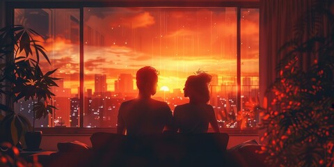 Couple watching the sunset from their living room window, illustrating the peaceful and serene moments they share