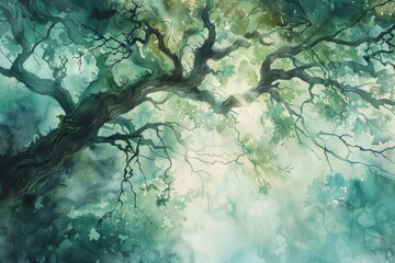 Craft an ethereal watercolor painting depicting a serene forest landscape with a mystical low-angle view of gentle mist enveloping ancient trees,