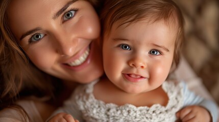 Portrait of a happy mother and baby smiling together. Warm and tender family moment, perfect for concepts of love, joy, and familial bond.