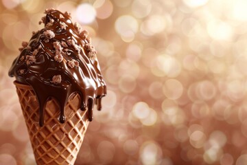 Create a chocolate ice cream cone, dripping with glossy fudge, against a blurred background, ideal for digital rendering,
