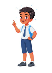 Smart little Indian school boy with index finger pointing up with idea. Cartoon vector illustration.