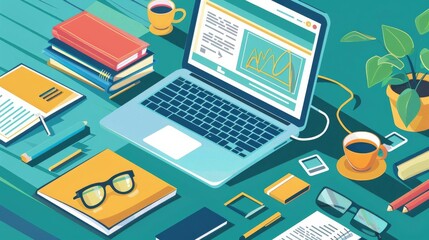 Create a scene of students attending online classes from home with laptops and notebooks while teachers provide lessons and guidance through video calls.