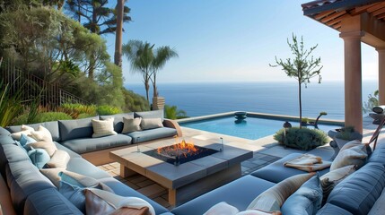 Fototapeta premium A luxurious outdoor seating area with comfortable furniture, a fire pit, and a view of the ocean.