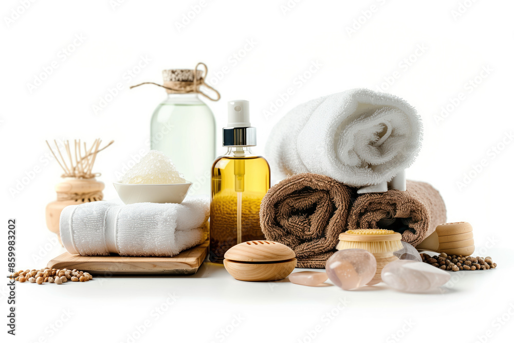 Poster spa product arrangement isolated on a white background. created with generative ai technology.