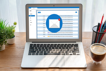 Email notification message showing on computer screen snugly. Digital marketing message information text from business to customer client