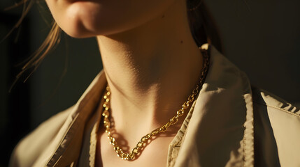 Closeup young woman in light beige jacket wearing golden chain necklace Modern fashion details Minimalist lifestyle : Generative AI