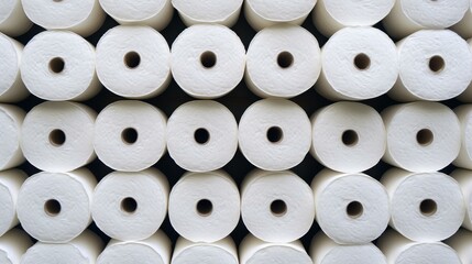Closeup view of neatly stacked white toilet paper rolls