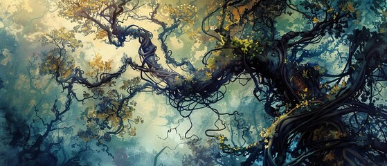 Design a close-up view of tangled vines in a fantasy forest