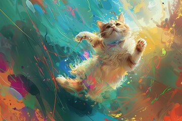 Design a digital art piece showcasing a fluffy, adorable cat from a worms-eye view, engaged in a training session with vibrant colors and playful elements,