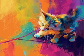 Design a digital art piece showcasing a fluffy, adorable cat from a worms-eye view, engaged in a training session with vibrant colors and playful elements,