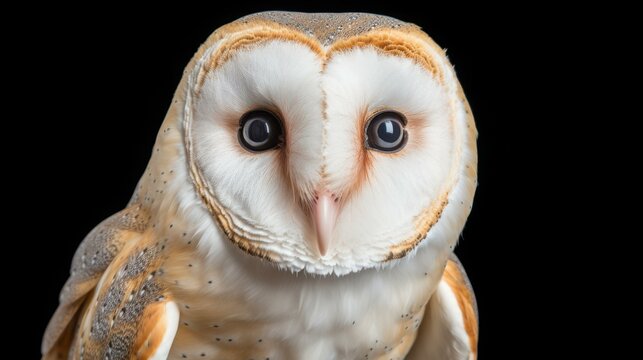 Closeup of a barn owls head, Tyto alba, showcasing its unique features.