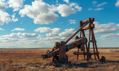 A medieval siege weapon, like a catapult or trebuchet, standing in an open field