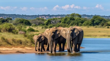 Obraz premium Majestic Elephants Strolling Beside Water