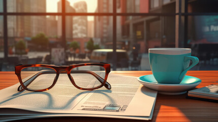 Vibrant digital art of glasses, newspaper, and a cup of coffee.