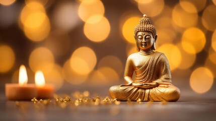 Fototapeta premium Glistening golden buddha statue illuminated by bokeh lights.