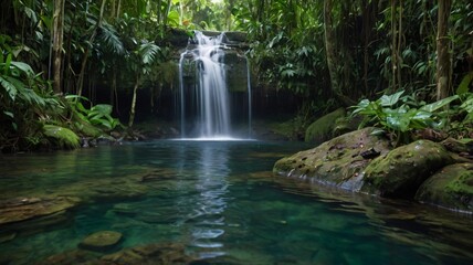 Misty jungle waterfall cascading through lush green foliage