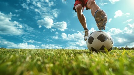 Action Shot of Football Player Kicking Soccer Ball on Green Field Under Blue Sky