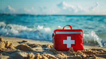 First Aid Kit on a Sandy Beach Shore During a Sunny Day