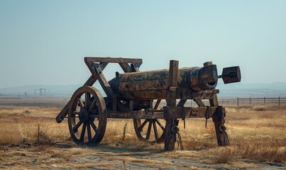 A medieval siege weapon, like a catapult or trebuchet, standing in an open field