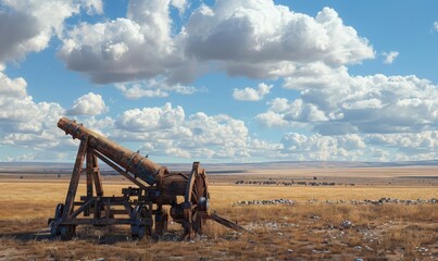 A medieval siege weapon, like a catapult or trebuchet, standing in an open field