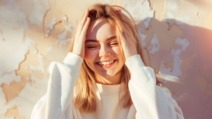 Naklejka premium Cheerful young fairskinned lady hiding from paparazzi hiding behind her hands against background of wall Blonde with perfect smile wears white sweatshirt Freedom concept : Generative AI
