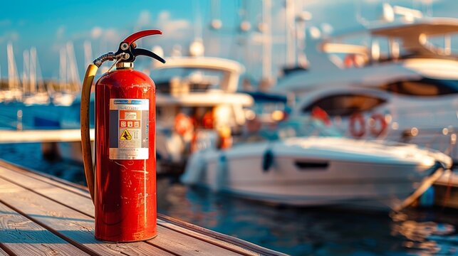 Red Fire Extinguisher on Marina Dock with Boats in Background