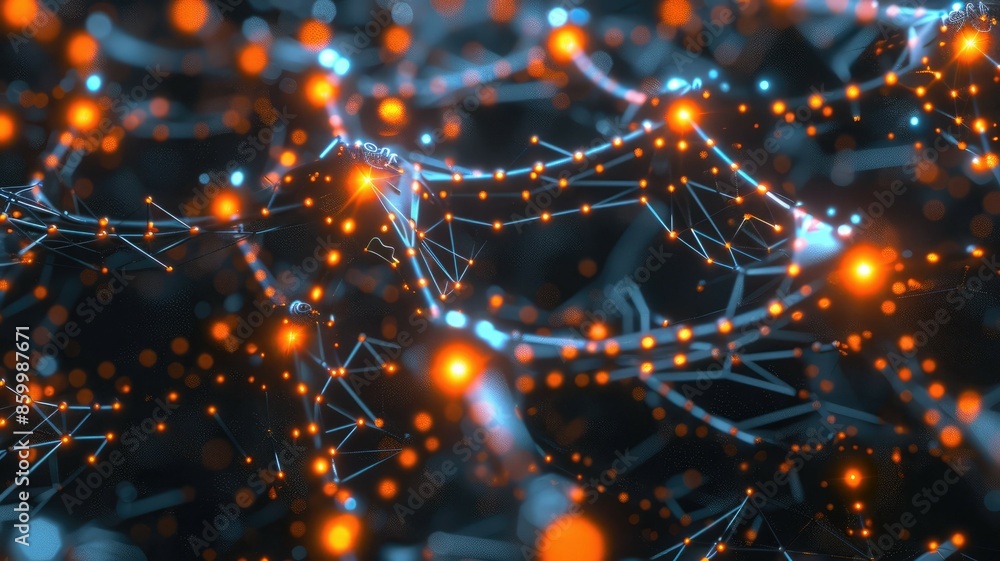 Poster abstract depiction of a neural network featuring interconnected glowing nodes and intricate connecti