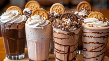 Assorted Milkshakes with Whipped Cream and Cookie Toppings