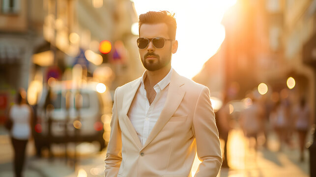 Handsome confident stylish hipster lambersexual modelSexy modern man dressed in elegant beige suit Fashion male posing in the street background in Europe city at sunset In sunglasses : Generative AI
