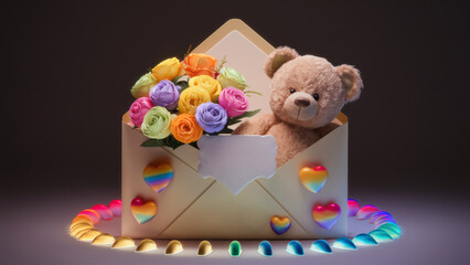 Obraz premium A stunning and elegant cream-colored envelope with a small bouquet of yellow, green, pink, orange, lavender, blue, pastel miniature roses inside and a large beige bear outside.