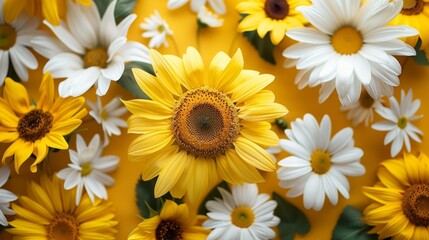 Close-Up of Yellow Sunflowers and White Daisies on a Yellow Background