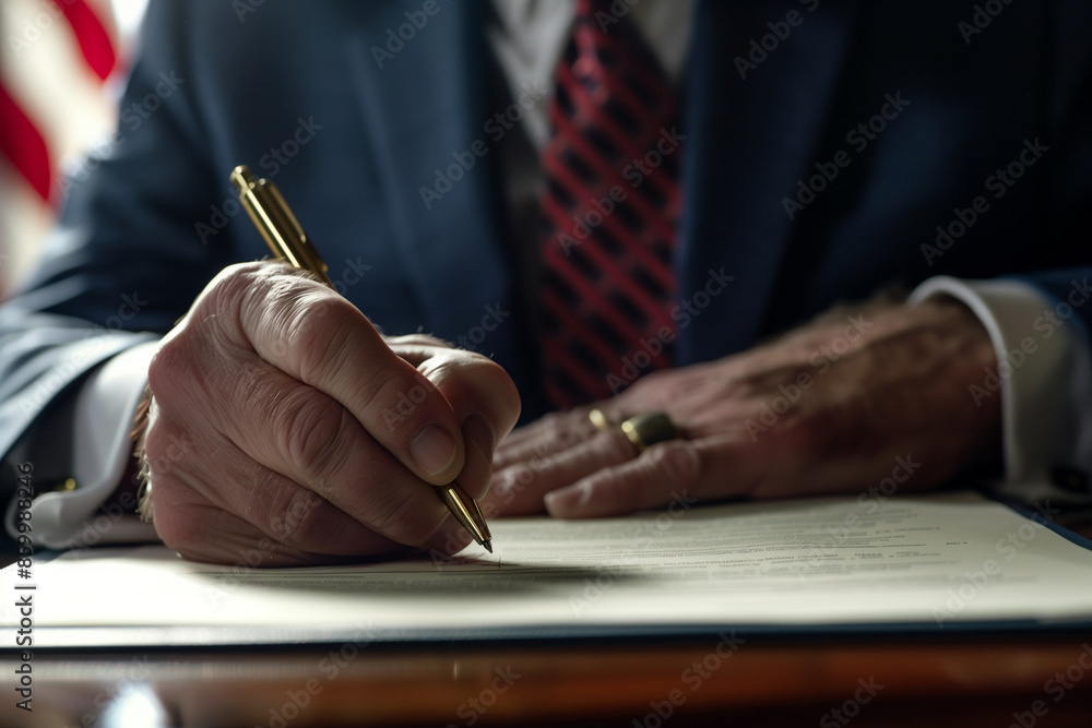 Poster man is writing on a piece of paper with a pen. concept of importance and seriousness, as the man is 