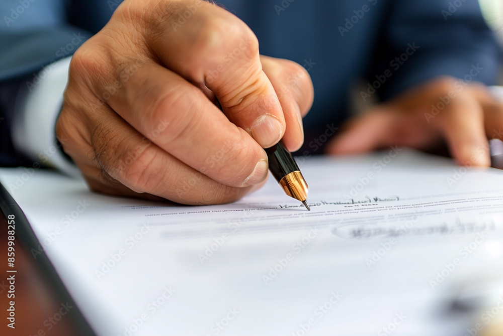Poster man is writing on a piece of paper with a pen. concept of importance and seriousness, as the man is 