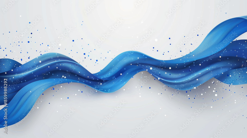 Poster abstract blue wave with flowing lines and particles on a white background, symbolizing fluidity and 