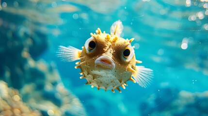 A cute angry puffer fish in deep water while trying to open her mouth and to expand her size