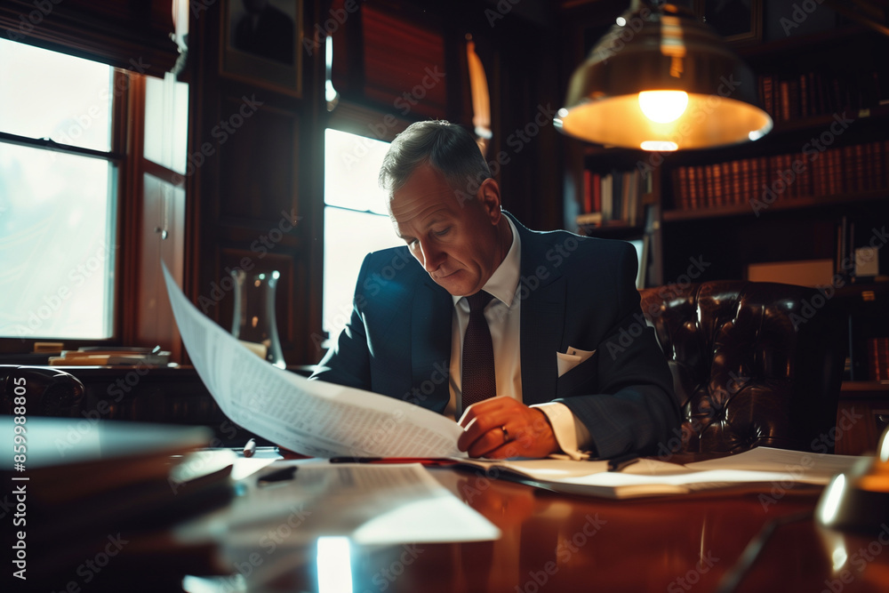 Poster man in a suit is sitting at a desk with a piece of paper in front of him. he is reading or writing s