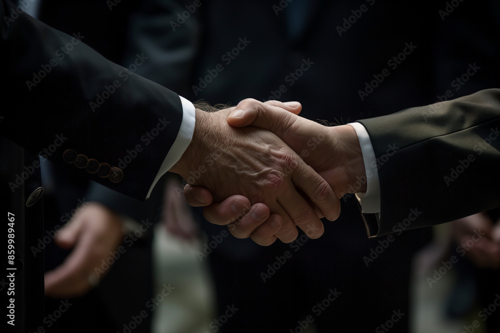 Poster a handshake between two men in suits. concept of professionalism and trust. the men are dressed in f