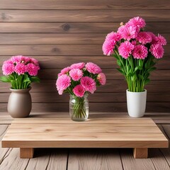 flowers in a vase on a wooden table