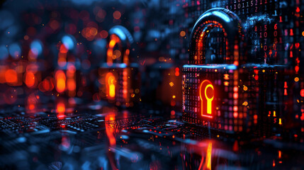 Obraz premium Secure locks glowing in digital environment symbolize robust cybersecurity measures and data protection against cyber threats.