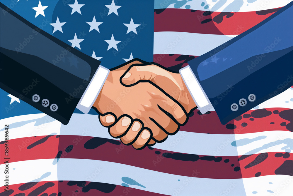 Poster two men shaking hands in front of the american flag. concept of unity and cooperation between the tw