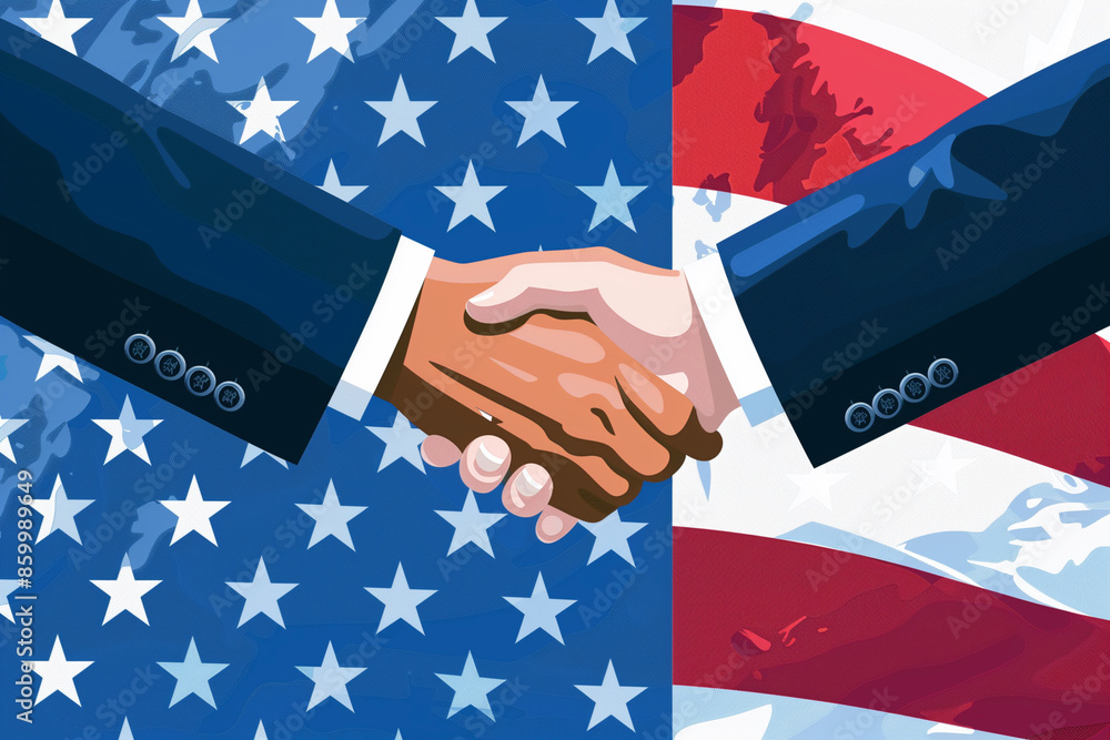Poster two men shaking hands in front of the american flag. concept of unity and cooperation between the tw