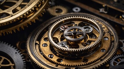 Obraz premium Intricate steel gears of a vintage clock mechanism, a testament to precision engineering and timeless technology