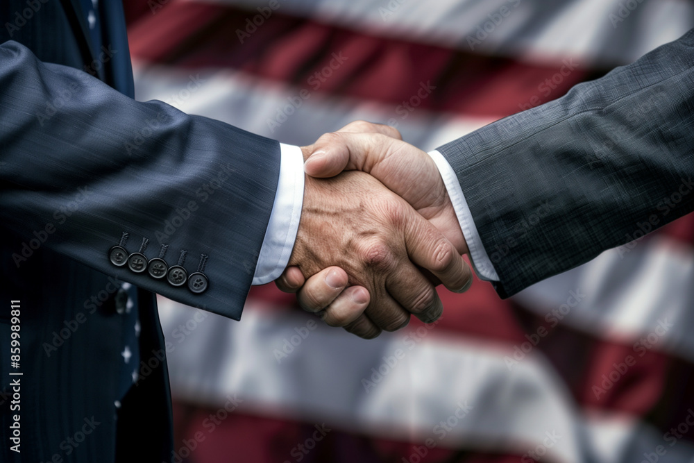 Poster two men shaking hands in front of the american flag. concept of unity and cooperation between the tw