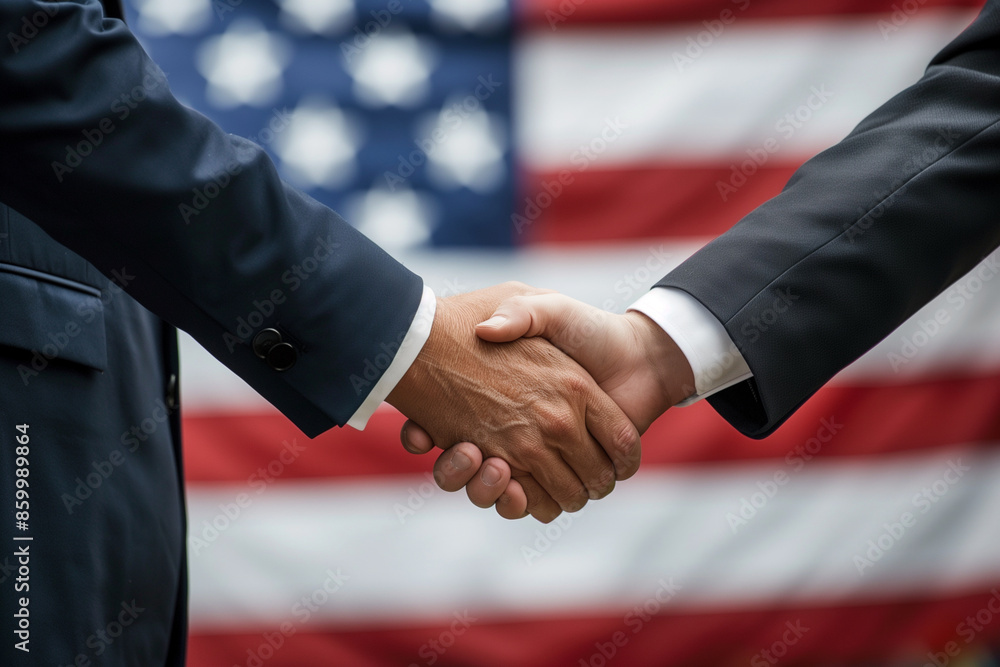 Poster two men shaking hands in front of the american flag. concept of unity and cooperation between the tw