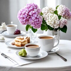 cup of coffee with flowers and cookies